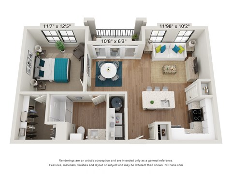 Floor plan for 1 bed, 1 bath, 750 sqft